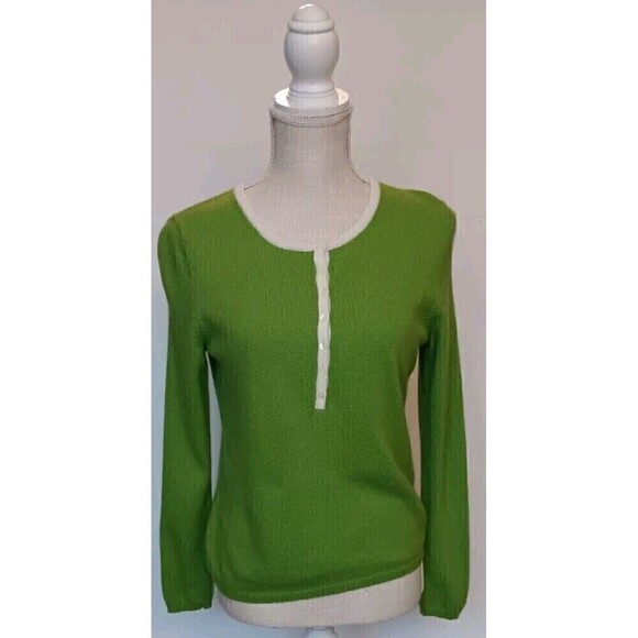 Talbots Petites Size S Lambswool Blend Lime Green Sweater w/White Trim & Buttons - Picture 1 of 8
